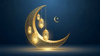 Elegant golden crescent moon and mosque illustration for ramadan or islamic celebrations