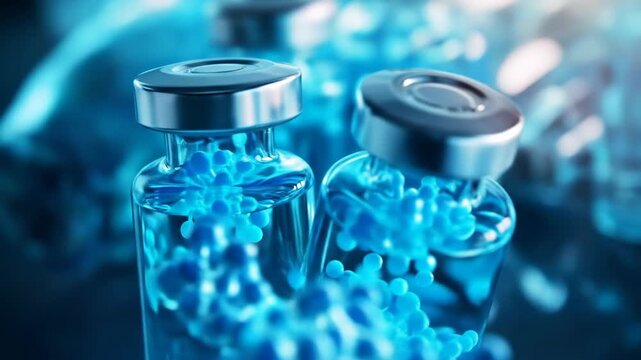 Close up of vaccine vials in blue light healthcare and medical concept