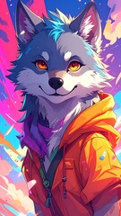 Cartoon wolf in an orange hoodie against a colorful sky backdrop