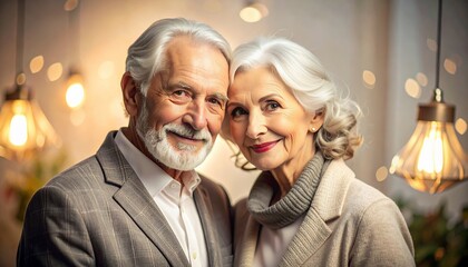 Happy Senior Couple Smiling Together in a Warm, Intimate Setting with Soft Lighting.