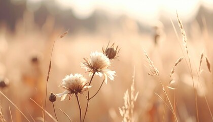 Dry flowers in sunlit field