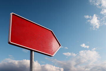 Blank, reflective red hexagonal directional sign, mounted on a pole against a bright blue sky with scattered clouds.