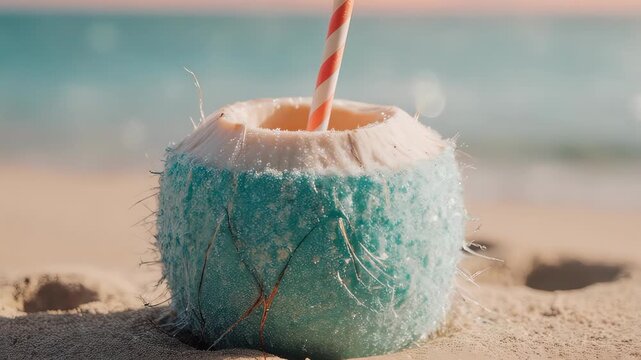 A turquoise coconut drink on sand, with a striped straw, beach backdrop