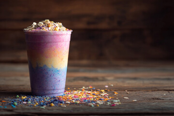 Layered purple, yellow, and pink smoothie with oat topping and scattered colorful sprinkles. Blurry background.