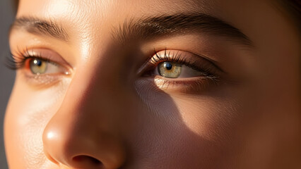 Fototapeta premium Intimate close up portrait of female eyes bathed in warm sunlight.