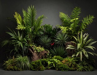 Lush Tropical Foliage and Greenery on a Dark Background.