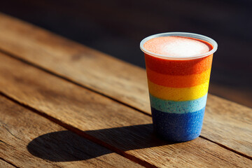 Rainbow-colored layered smoothie in a clear cup on a sunlit wooden deck. Refreshing summer beverage