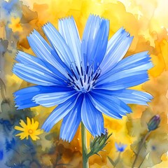 Blue flower, watercolour style, with jagged petals on a yellow and blue background, other small flowers