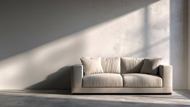Modern beige sofa in sunlit minimalist room with soft shadows, and empty space.
