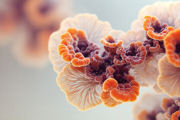 Macro view of vibrant, complex symbiotic bacterial forms creating intricate, swirling biological textures. Abstract microbial life concept.