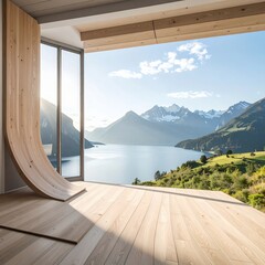 Modern Wooden Interior with Panoramic Lake and Mountain View.