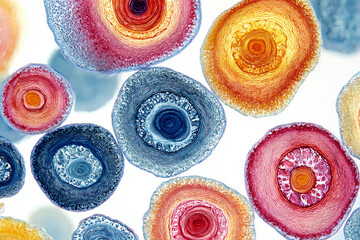 Colorful, abstract view of vibrant bacterial colonies forming concentric ring patterns. Microbiology, cellular structure, and life science concept.