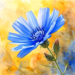 Blue flower with two buds shown in a watercolor art style with blurred, vibrant yellow/orange background