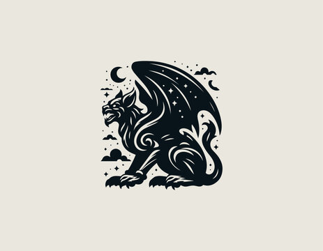 Night sky guardian gargoyle perched in powerful silhouette shown in bold black vector logo illustration