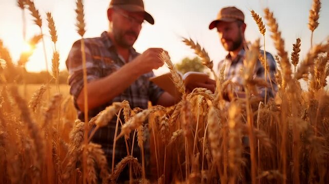 A man in a plaid shirt and hat is engrossed in reading a book amidst a wheat field during sunset. The scene is bathed in warm, golden light.