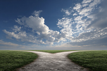 Fork in the road with green grass leading to two separate paths under a dramatic blue sky with white clouds. Concept of choice and destiny.