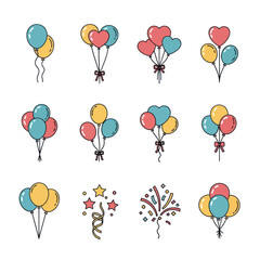Colorful cartoon party balloons, heart shapes, and festive celebration elements vector set