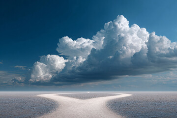 A white dirt path splits on a desolate, dry landscape under a huge, cloudy blue sky. A visual metaphor for an important life choice.