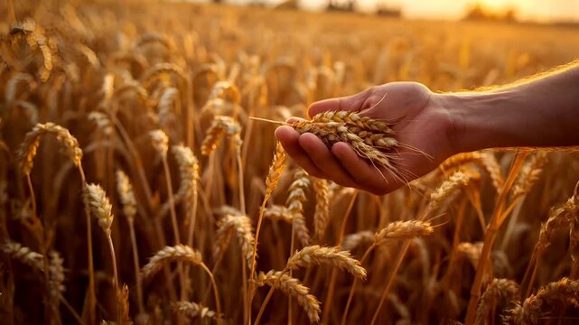 A closeup image of a hand holding a wheat spikelet amidst a wheat field during sunset. The hand is positioned in the center of the frame, with the wheat field stretching out to the horizon.
