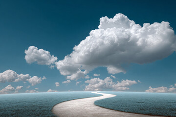 Winding path or road through a lush green field towards a horizon with large white clouds, representing a journey, future direction, or exploration.