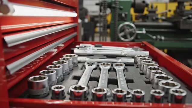 Red tool chest drawer filled with neatly organized silver metric wrenches and sockets in a workshop