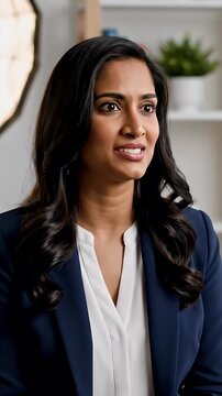 Confident businesswoman looking thoughtfully off-camera in a modern office setting professional portrait showcasing leadership ambition and success for corporate branding and marketing materials