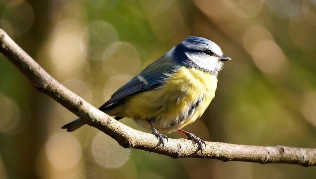Small blue tit bird with yellow breast perched on a tree branch in natural habitat