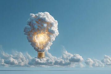 Bright lightbulb emerging from a large white cloud formation against a clear blue sky, representing a new idea, startup, or creative inspiration.