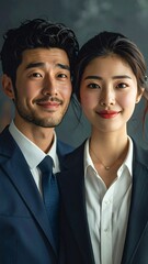 Professional Asian Couple Smiling Confidently in Business Attire.