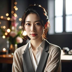 Professional Asian Woman in Business Attire with Bokeh Lights.