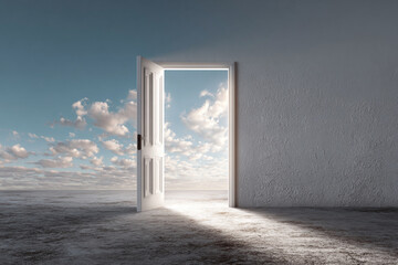 Open white door in a plain wall revealing a bright, cloud-filled sky and sunny horizon, symbolizing new opportunity, freedom, or potential.