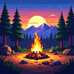 Campfire scene at dusk. Mountains, evergreens, fire, stones, grass with twilight sky. Low pixelated art style