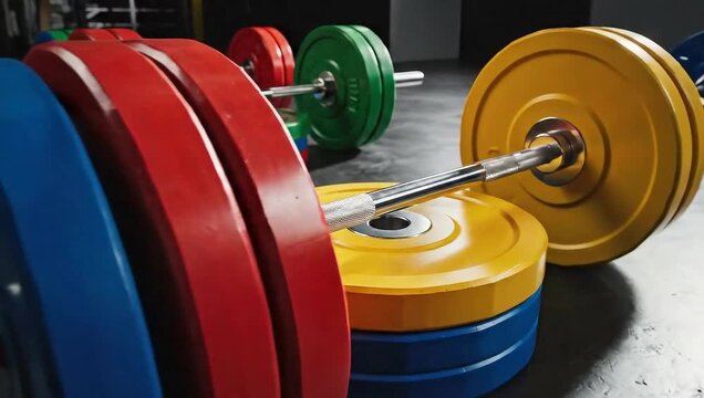 Colorful barbells with weight plates arranged on a dark gym floor ready for strength training