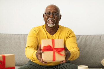 An older man with glasses and a warm smile offers a beautifully wrapped gift box. He is seated on a couch, enjoying a pleasant moment in a bright, inviting living room.