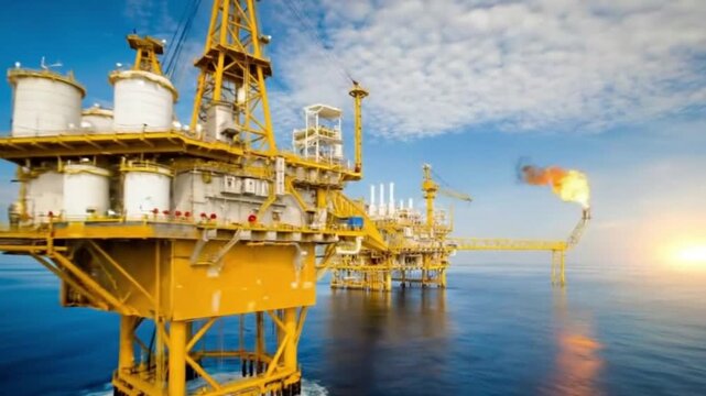 Offshore oil and gas platform for energy production in the open sea with blue sky and flare burning excess gas providing essential resources for the world economy with advanced engineering