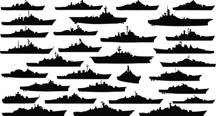 Silhouette collection of military battleships, war vessels, navy destroyers, combat ships, maritime fleet silhouettes isolated on white background for design, illustration, and decoration © It's Raju