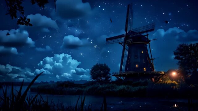 A digital artwork depicting a nighttime scene with a windmill and a serene body of water. The sky is a deep blue with stars and fluffy white clouds. The windmill is illuminated from within.