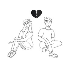 A man and a woman are sitting with their backs to each other, with a broken heart in the background. Concept of disagreement and quarrels. Doodle, vector graphics.