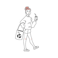 A young girl is walking in shorts and a hoodie, holding a paper cup with a straw and an eco-shopper. Doodle, vector graphics.