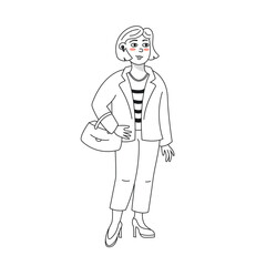 A  woman with a wireless headset in her ear, wearing a business suit and high-heeled shoes. Vector graphics, doodle.