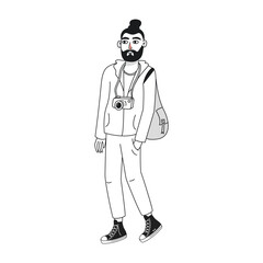 A  man with a beard and a bun on his head, wearing a backpack on his shoulder and a camera around his neck. Doodle, vector graphics, hand-drawn.