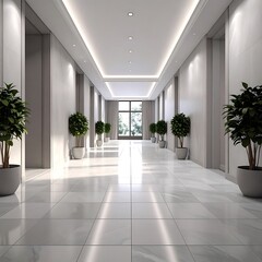 Bright, empty hallway with marble floors and potted plants lining the walls. Sunlight shines through distant windows