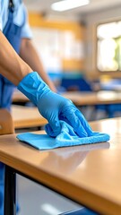Blue gloved hands wipe down a school desk with a blue cloth in a bright, blurry classroom