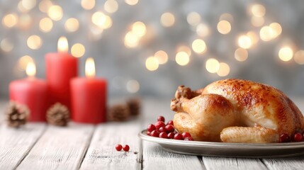 Roasted chicken served on a plate with red berries, surrounded by festive candles and pine cones, creating a warm holiday atmosphere for celebration and gathering