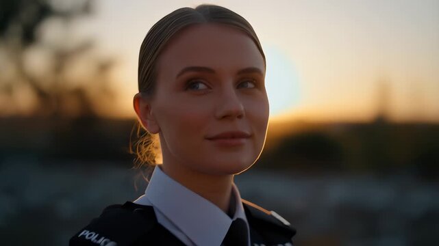 A woman in a police uniform stands confidently with a sunset in the background, embodying the strength of law enforcement. This scene portrays the importance of police duty and ded