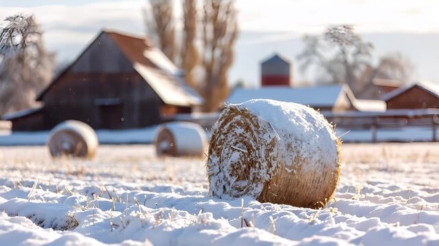 A vivid winter scene featuring a snowcovered hay bale in the foreground with a rustic wooden barn in the background. The barn is brown with a red roof.