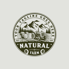 Farm logo with tractor and nature background in vintage style.