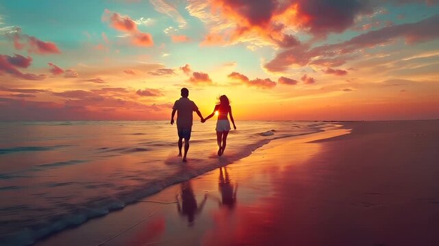 A vivid sunset over a beach scene with two individuals holding hands. The sky is painted in a gradient of colors, transitioning from deep blues to fiery oranges and reds.