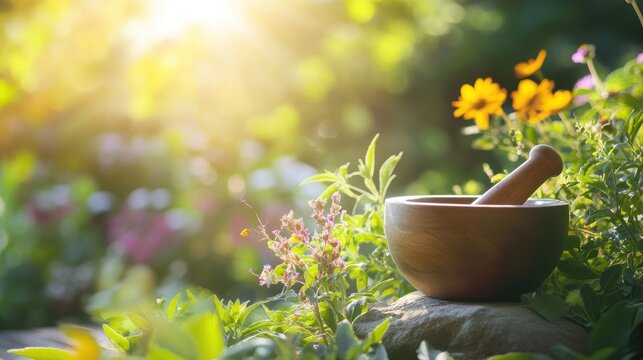 garden filled with medicinal plants and flowers, a traditional wooden mortar and pestle resting on a rock,  on blurred background
