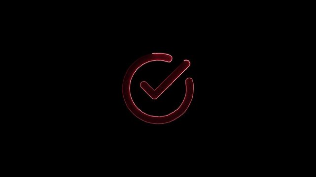 Red glowing checkmark inside a circle symbol on a dark background Keywords: checkmark, tick, mark, symbol, icon, verification, confirmation, approval, success, done, completed, accepted